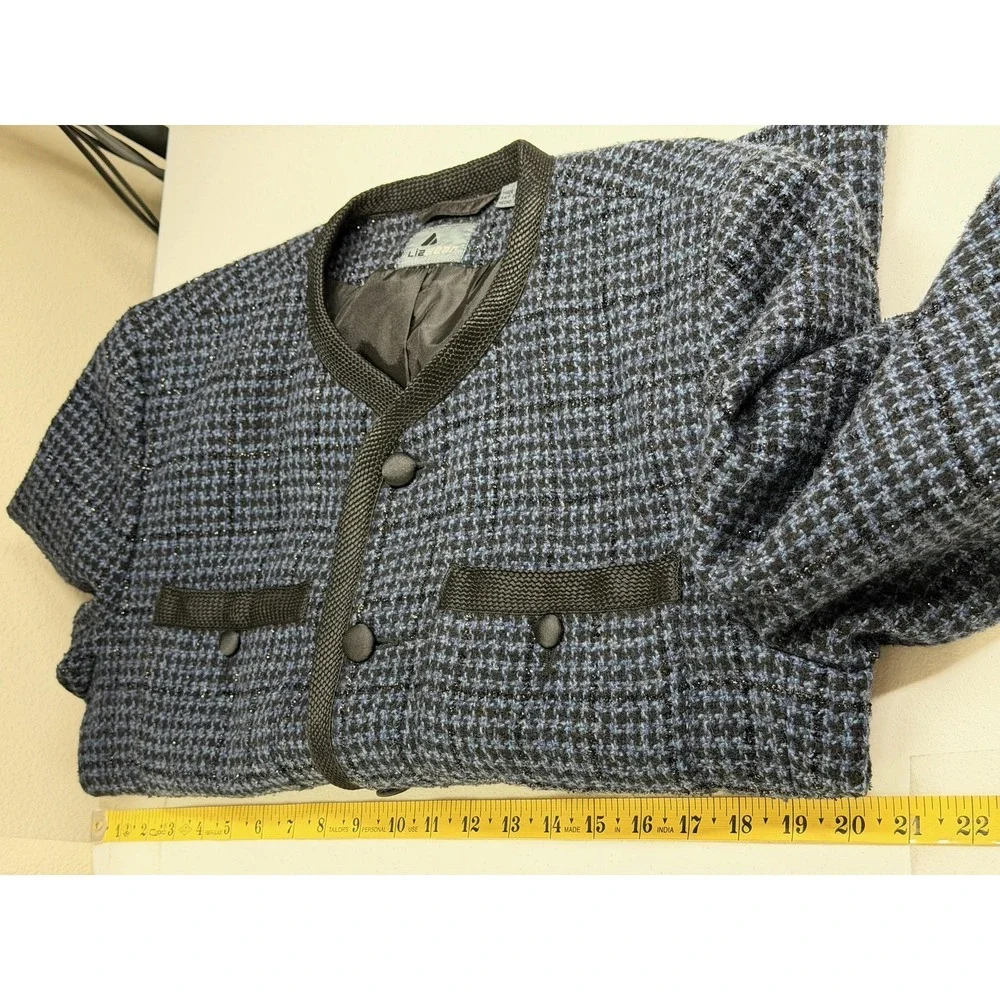 Vintage Lizwear Liz Claiborne Blazer Womens 12 Blue Black‎ Wool Tweed Academia